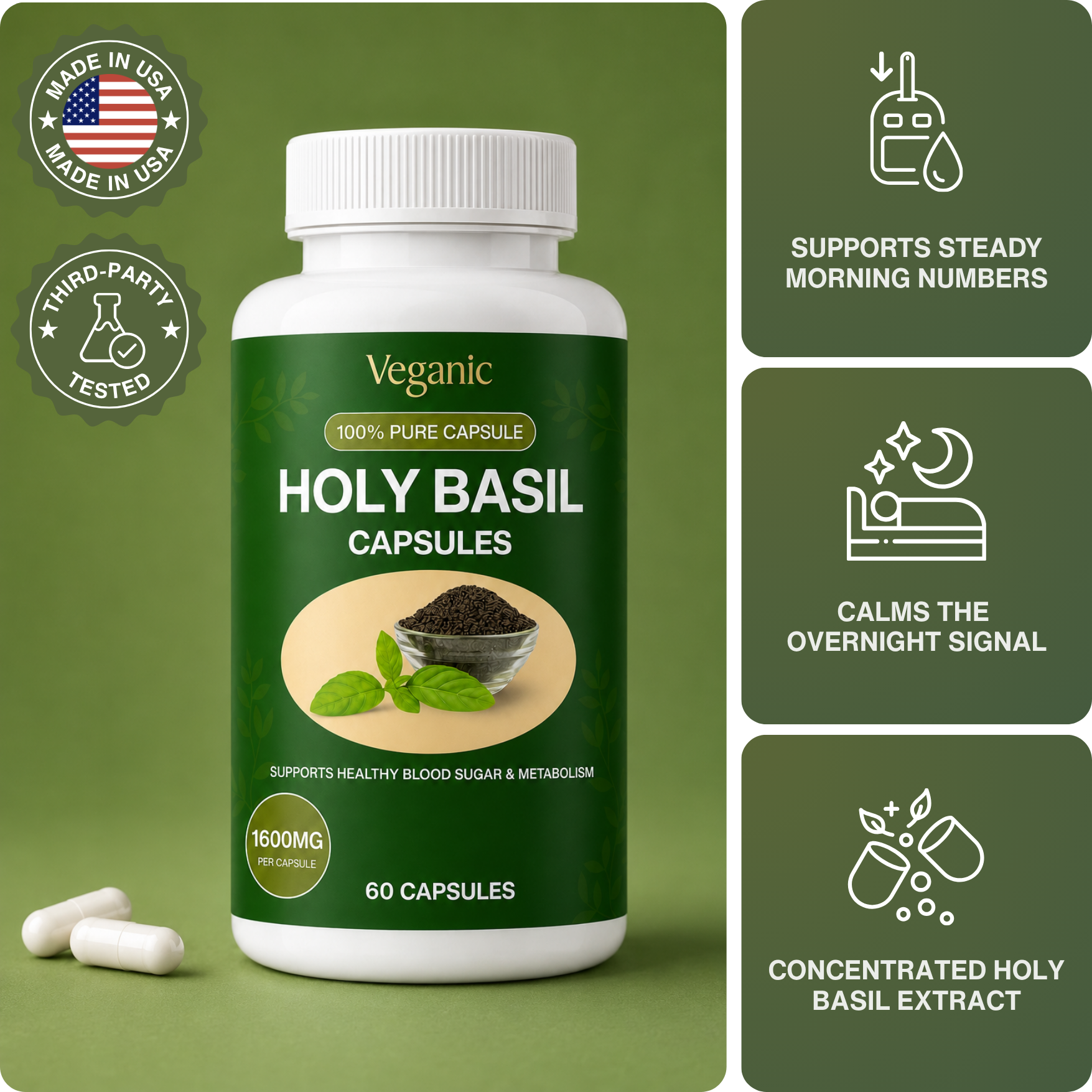 Veganic Holy Basil Capsules — Overnight Blood Sugar Support for Steady Morning Numbers