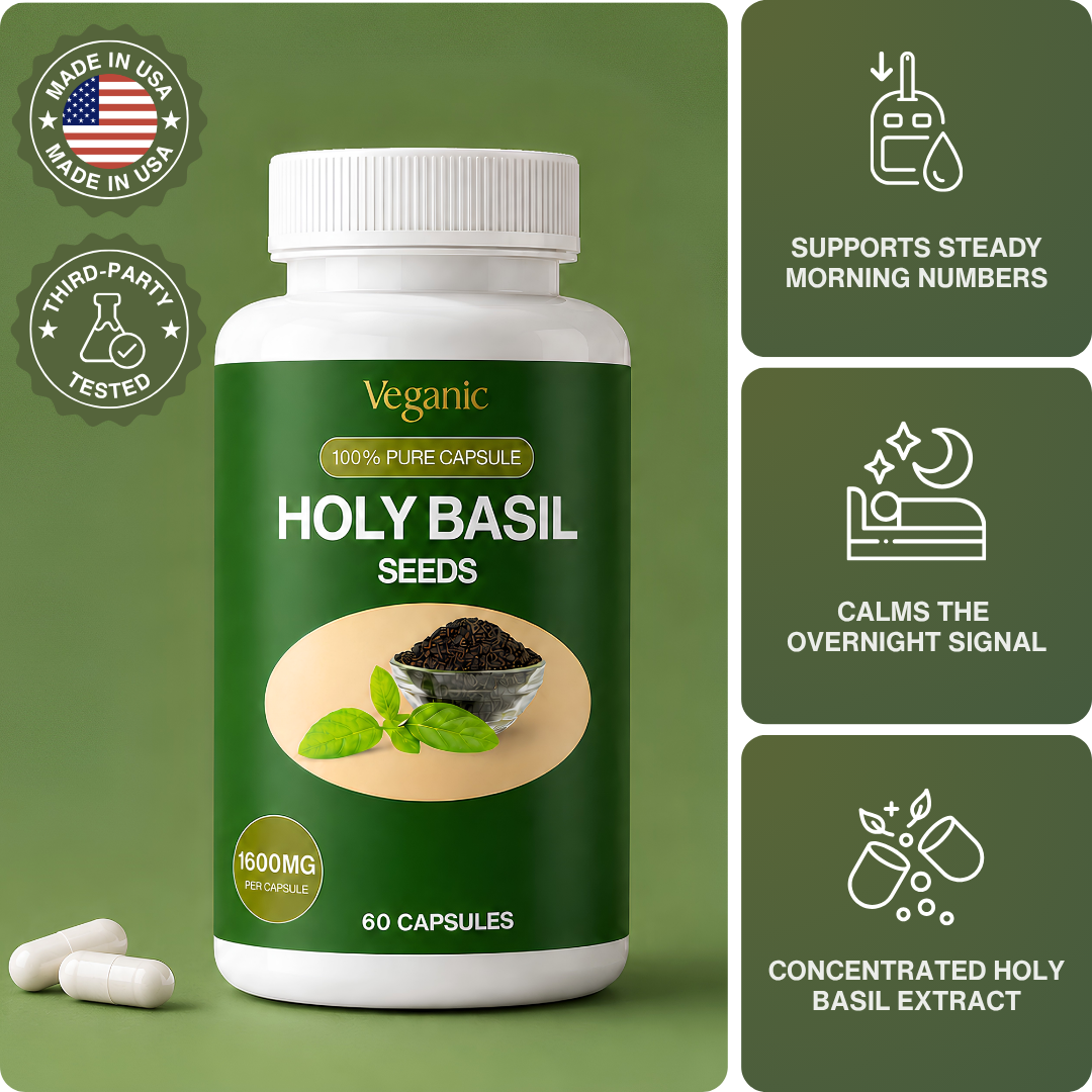 Veganic Holy Basil Capsules — Overnight Blood Sugar Support for Steady Morning Numbers