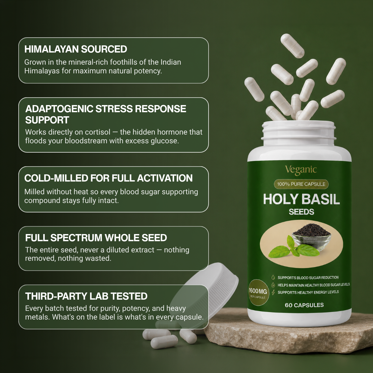 Stable Blood Sugar, More Energy, Less Cravings — Holy Basil Seed Capsules | Herbal Blood Sugar Support
