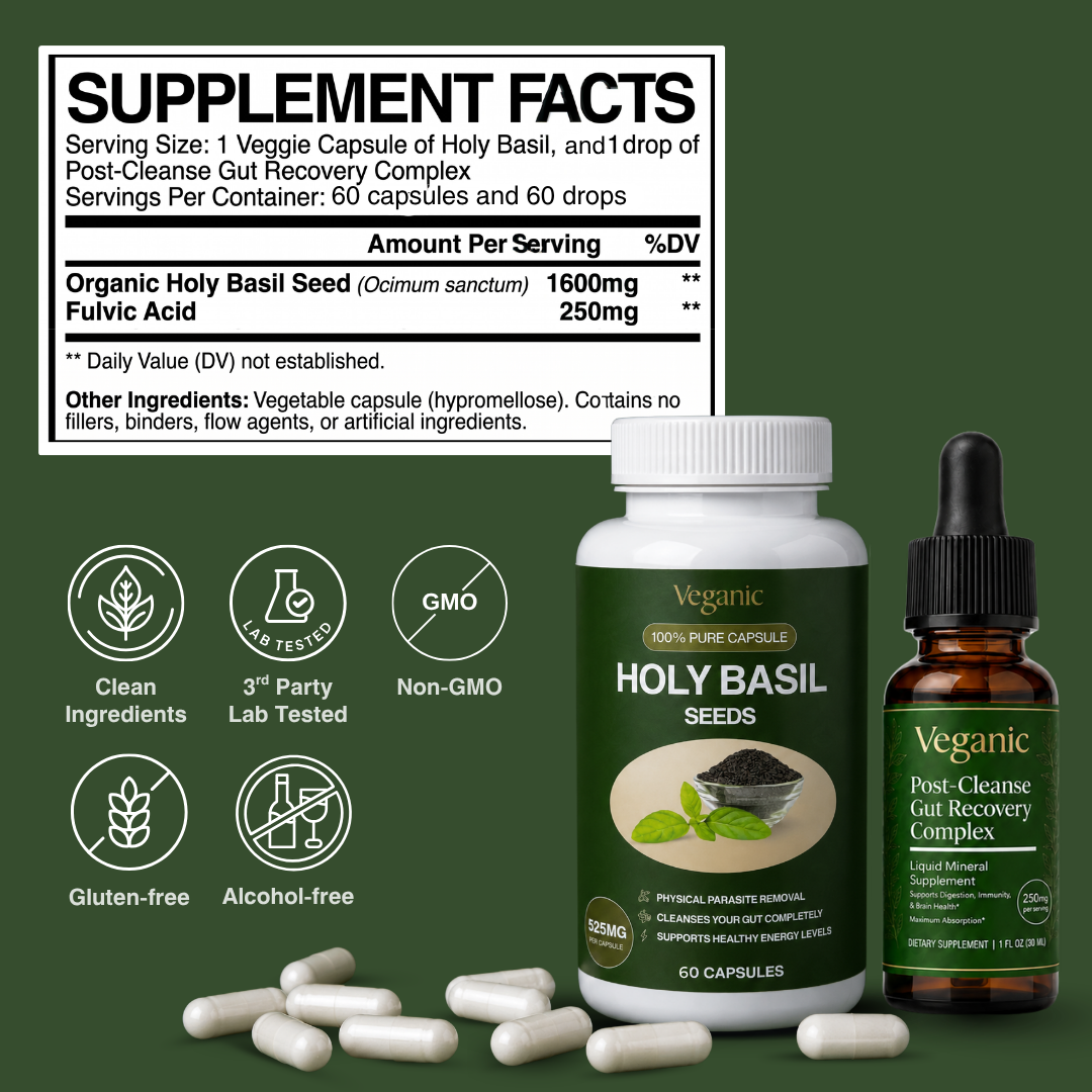 Less Bloating, More Energy, Healthier Gut - Veganic® 2-Step Holy Basil Parasite Cleanse Kit Offer
