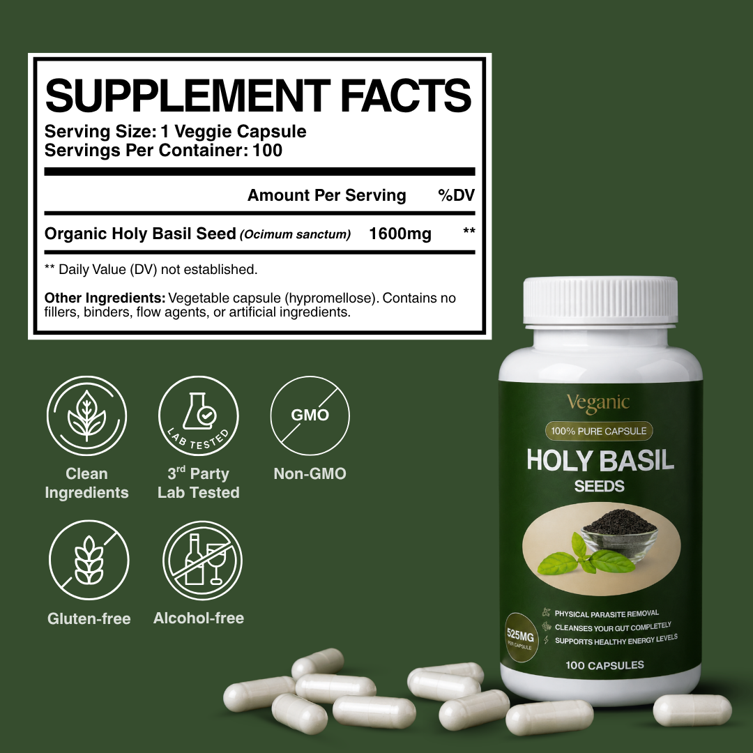 Less Bloating, More Energy, Healthier Gut - Holy Basil Seed Capsules Natural Parasite Detox